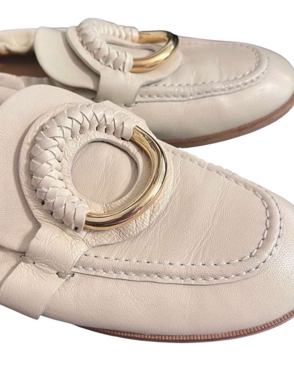 See By Chloé Hana Cream Leather Slip-On Loafers with Braided Gold Ring